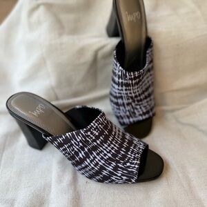 Women's Black and White Heeled Mules